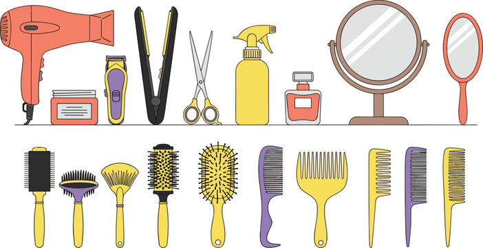 Colorful Hair Salon Tool Set with Dryer, Straightener, Scissors, Comb, Brush, and Mirror for Beauty and Barber Designs