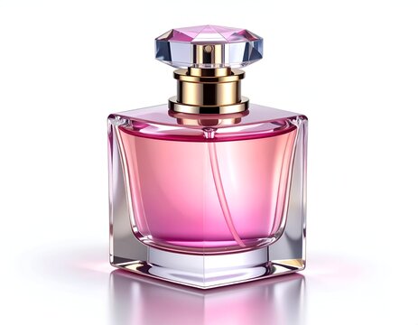 Elegant perfume bottle with pink liquid and crystal cap on white.