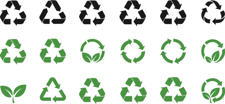 recycling symbol set black and green vector icons on white background
