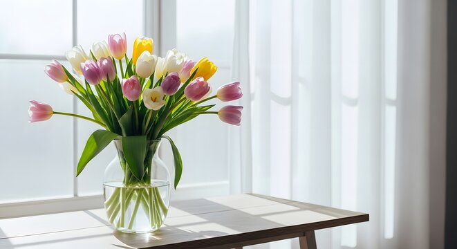 Colorful tulips in a clear vase on a table by a sunny window with white curtains indoors.