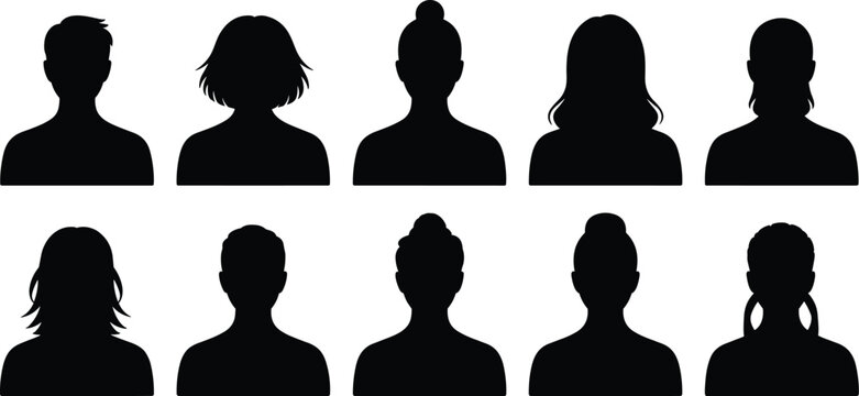 Avatar silhouette set with diverse male and female head icons representing user profiles and identity concepts