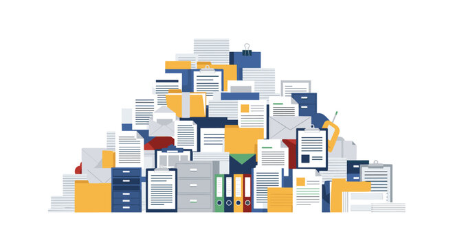 A disorganized mountainous mound of office paperwork including folders binders and loose documents sits cluttered on a neutral light background in a modern style.