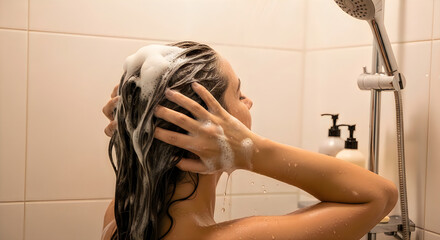 Naklejka premium Woman washing hair, shampooing in shower, soap suds on head