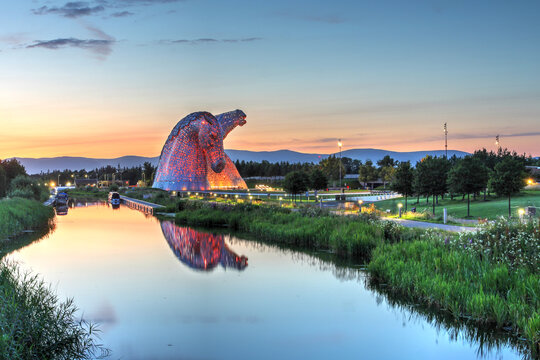 The Kelpies in Falkirk, Scotland, United Kingdom at sunset