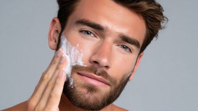 Male model applying facial cleanser to his cheek while looking at the camera, showcasing skincare routine and grooming in a neutral background setting