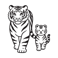 Obraz premium Mother Tiger Walking With Cute Baby Cub Outline Vector Black and White