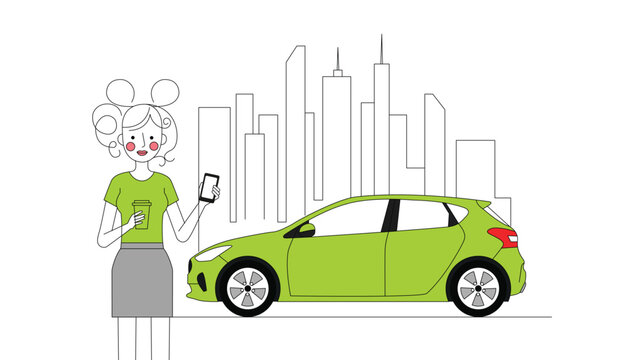 Woman using ride hailing app with green car in city skyline illustration