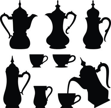 Arabic coffee pot silhouettes, traditional dallah teapot vector set, middle eastern tea culture icons, black and white beverage service elements