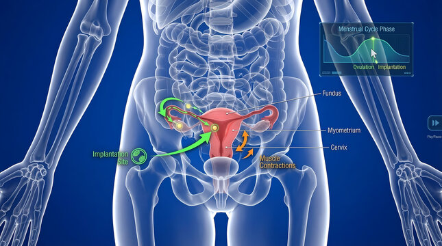3D Medical Illustration of Human Conception Process Showing Ovulation Egg Transport and Embryo Implantation Site in Uterus.