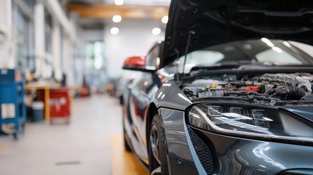 Sleek gray sports car with open hood revealing engine components, positioned in a modern automotive workshop with tools and equipment in the background
