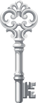 Ornate silver skeleton key with decorative filigree handle design