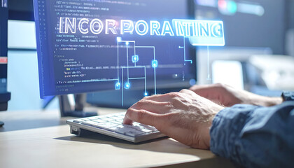 Fototapeta premium Programmer Incorporating Code and Schematics on Computer Screen.