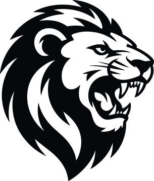 Blackandwhite illustration of a roaring lion head with long mane
