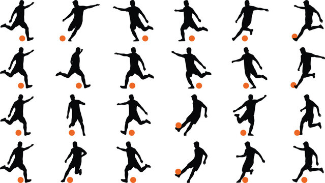 Soccer player silhouettes collection with dribbling kicking and running poses, football action figures set isolated on white background vector illustration