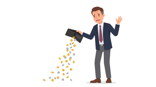 Frustrated businessman with empty wallet losing coins, symbolizing financial loss and bankruptcy