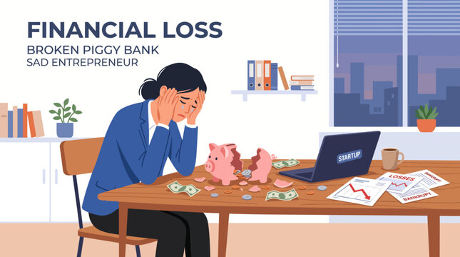 Financial hardship and despair A broken piggy bank and a dejected entrepreneur in a moment of profound monetary distress