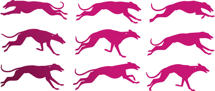 Greyhound silhouettes appear in a repeating pattern to represent the fluid motion and speed of the athletic dog breed as it runs across a white background.