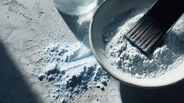 Hair bleaching powder in a bowl with a brush on a textured surface