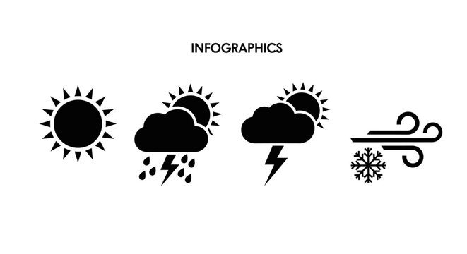 Weather infographic icons set with sun rain lightning wind and snow symbols on white background