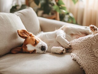 Obraz premium Relaxed dog sleeping peacefully on a cozy couch in sunny room