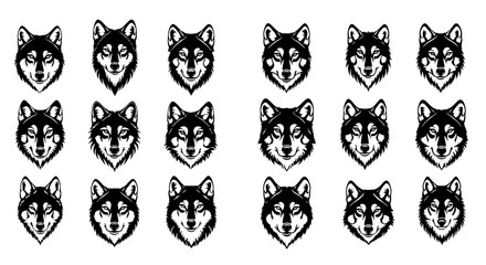 Set of wolf head icons in black and white various expressions isolated on white background graphic resource for design © Pabitra
