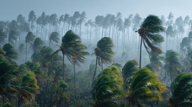 Palm trees swaying in strong winds during a tropical storm
