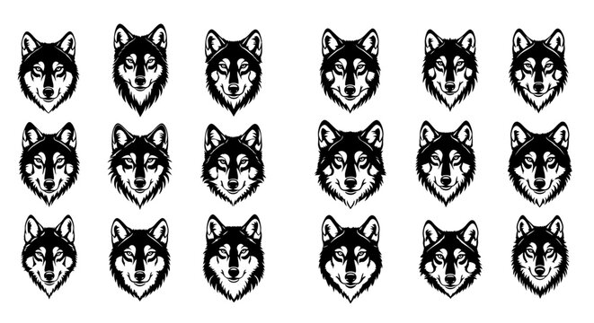 Set of wolf head icons in black and white various expressions isolated on white background graphic resource for design