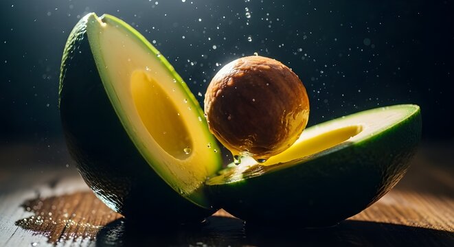 Halved avocado with pit on wooden surface with water droplets