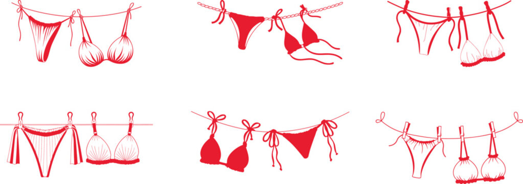 Set of bikini and lingerie hanging on clothesline in playful vector illustration. Fashion underwear collection features feminine laundry themed line art. Ideal for boutique branding prints apparel and