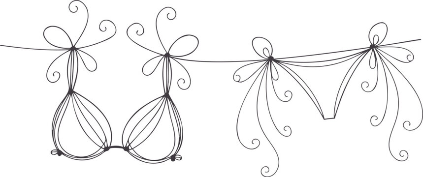 Elegant lingerie line art set with bikini and bra hanging on clothesline. Decorative fashion illustration features floral swirls and feminine sketch style. Ideal for boutique branding prints apparel 