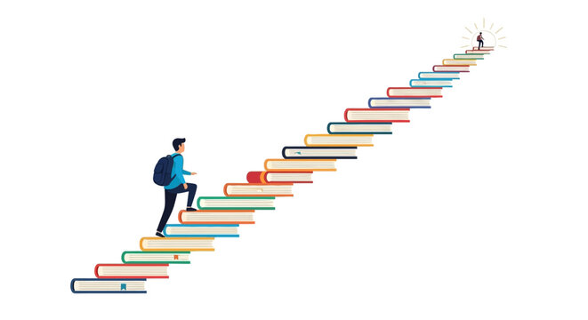 Student Climbing Staircase of Books Concept for Education and Success - Flat Vector Illustration