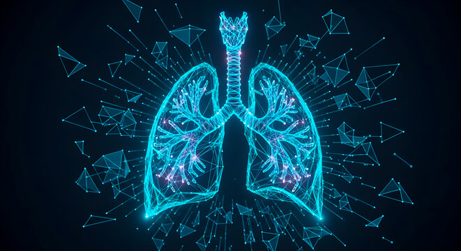Human lungs depicted as a glowing digital wireframe model showing complex internal bronchial network structures for medical research and advanced technological visualization of respiratory organ syste