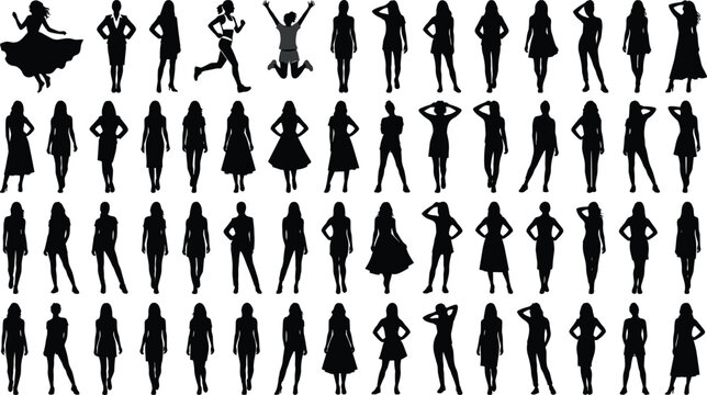 Women silhouettes collection in various poses, fashion models standing walking and dancing, female figures set isolated on white vector illustration