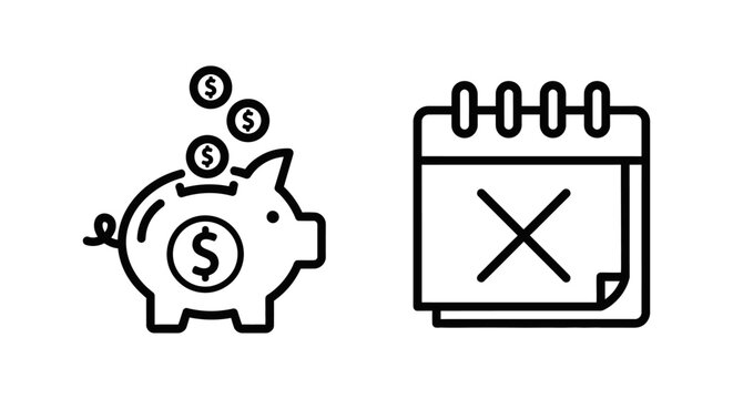 Broken piggy bank with coins and expired calendar icon currency calendar schedule deadline rejected illustration isolated background minimalist business investment