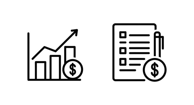 Income tracker and log icons with dollar sign currency business analysis statement document checklist planning investment earnings accounting financial management application software