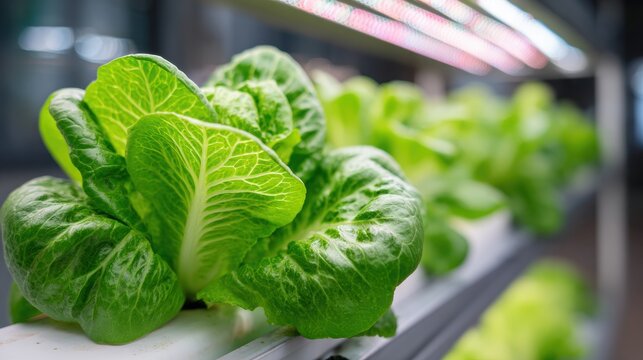 Fresh green romaine lettuce growing in a hydroponic system with LED lights illuminating the plants in a modern indoor farming environment