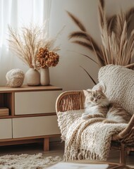 Cozy Cat on Stylish Rattan Chair in Serene Living Room Setting