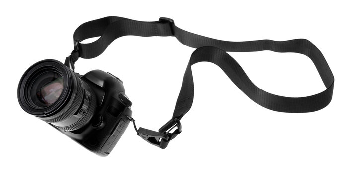 Modern camera with strap isolated on white, above view