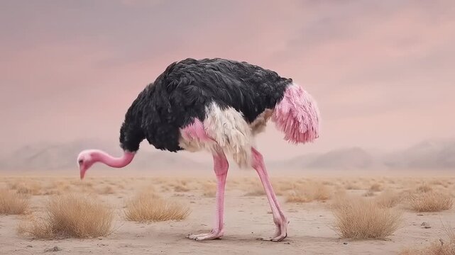 Ostrich walking across desert landscape under soft diffused lighting