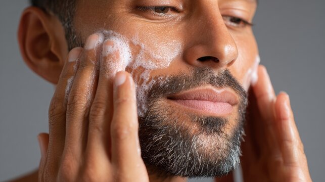 Male applying facial cleanser to his skin while looking in the mirror, showcasing a close-up view of his face and hands with soap lather on his beard