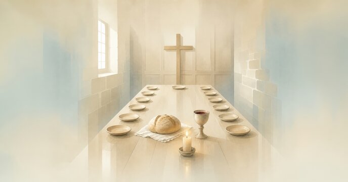 Holy Eucharist Communion Table in Last Supper. Maundy Thursday. New Testament. Biblical Illustration.