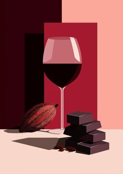 Illustrated still life with red wine glass, dark chocolate and cacao pod on geometric background