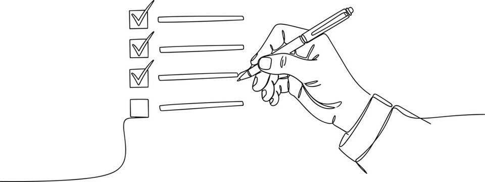 Hand checking off items on a to-do list with a pen, line art illustration