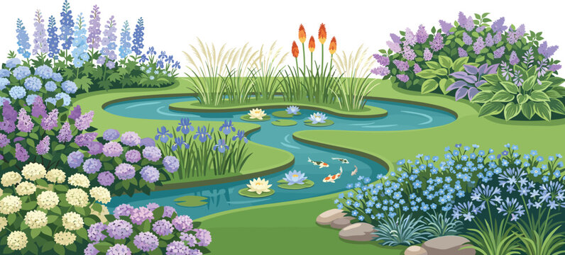 Beautifully landscaped garden with a serene pond, colorful flowers, and fish swimming peacefully in a tranquil natural setting