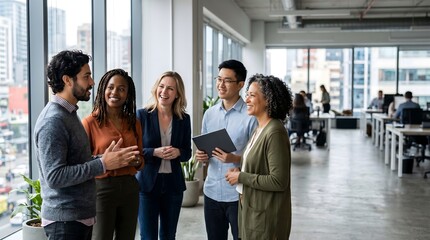 Obraz premium Modern Office Setting Features Diverse Team discussing project in hallway. People standing with documents in bright open office with copy space and natural light.