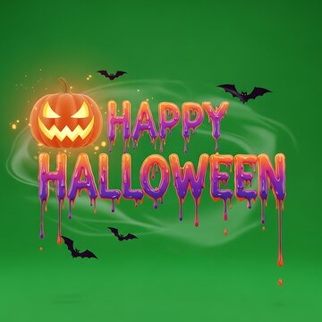 Glowing jack-o'-lantern and dripping "Happy Halloween" text with bats