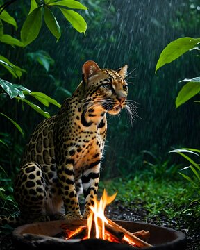 A silver oncilla in, northern tiger cat near a campfire