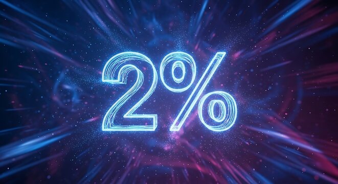 Glowing neon "2%" symbol radiates light amidst abstract cosmic energy