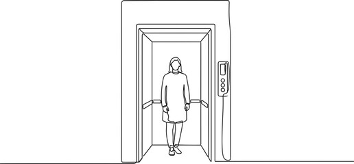 Person in elevator, line art, modern building interior, minimalist design © 300mas