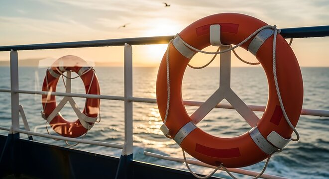 Orange lifebuoys on ship deck railing at sunset over calm sea, safety equipment